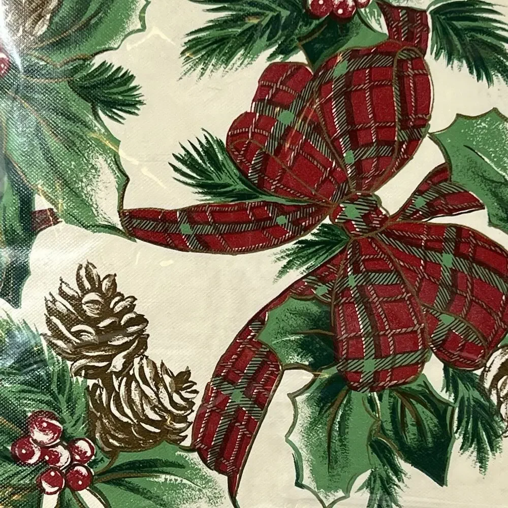 Vintage Vinyl Tablecloth Linen N Things Holly Pinecones Bows Christmas 52”x70”